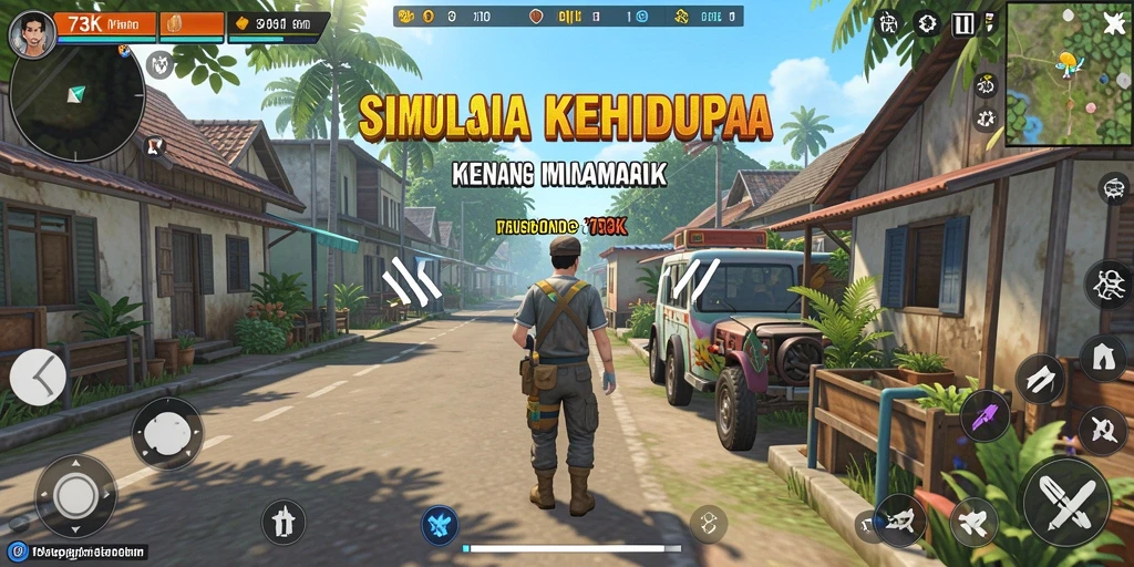 Screenshot utama menunjukkan karakter yang sedang berinteraksi dalam gameplay Simulation.