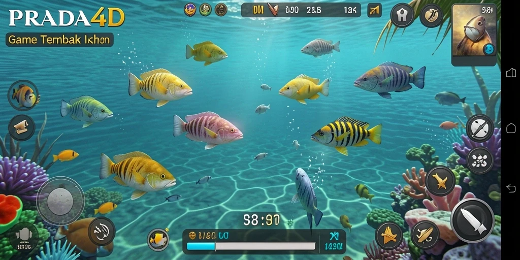 Tampilan gameplay PRADA4D saat menangkap ikan dengan berbagai senjata.