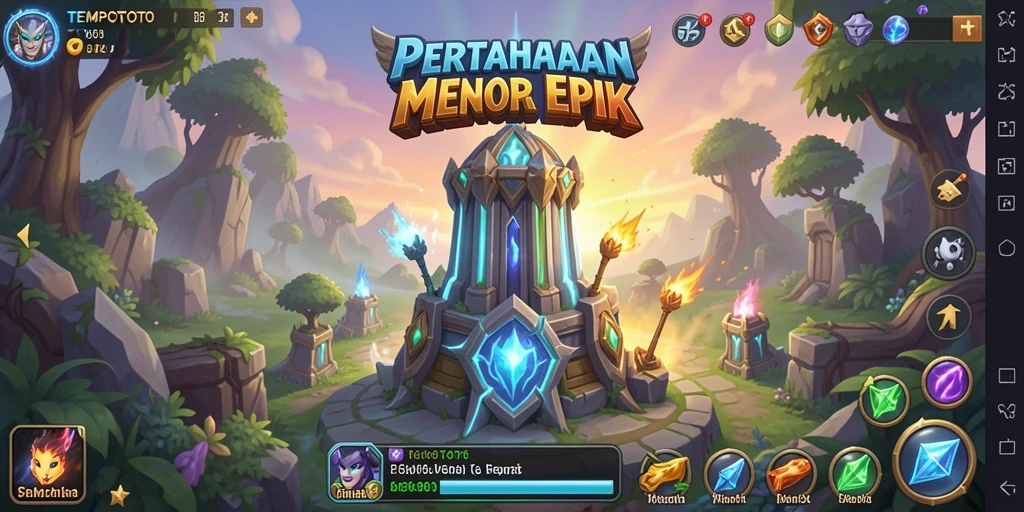 Tampilan gameplay menakjubkan di TEMPOTOTO dengan strategi Tower Defense.